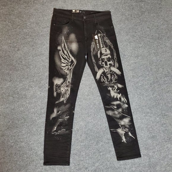 NWT Waimea Skinny Fit 36x32 (Meas 34x31 12" Rise) Death & Angels Tonal Jeans A17 - Picture 1 of 10